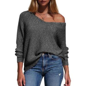 imageEXLURA Womens Fall Oversized Sweaters Cotton Long Sleeve V Neck Off Shoulder Sweater Pullover Jumper Tops Trendy Winter 2025Black