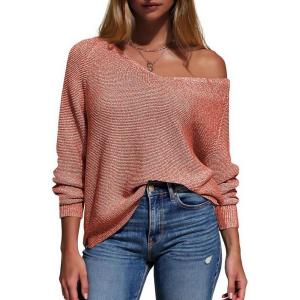 imageEXLURA Womens Fall Oversized Sweaters Cotton Long Sleeve V Neck Off Shoulder Sweater Pullover Jumper Tops Trendy Winter 2025Dusty Orange