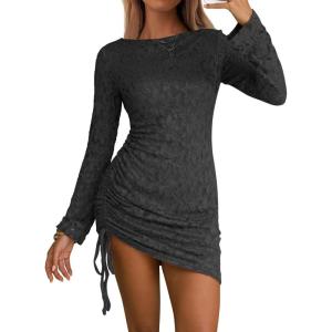 imageEXLURA Womens Fall Sexy Bodycon Mini Dress Long Sleeve Drawstring Lace Club Party Dresses 2025 Cocktail Wedding ClothesBlack