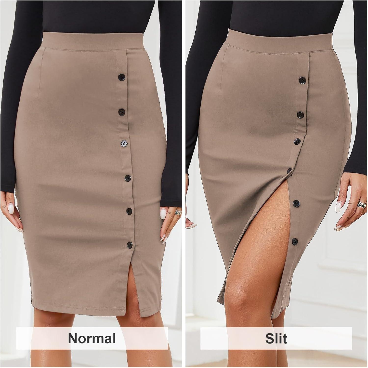 imageByinns Womens 2025 High Waist Pencil Skirt Button Slit Work Skirts Plaid Business Bodycon Midi Skirt Knee LengthApricot
