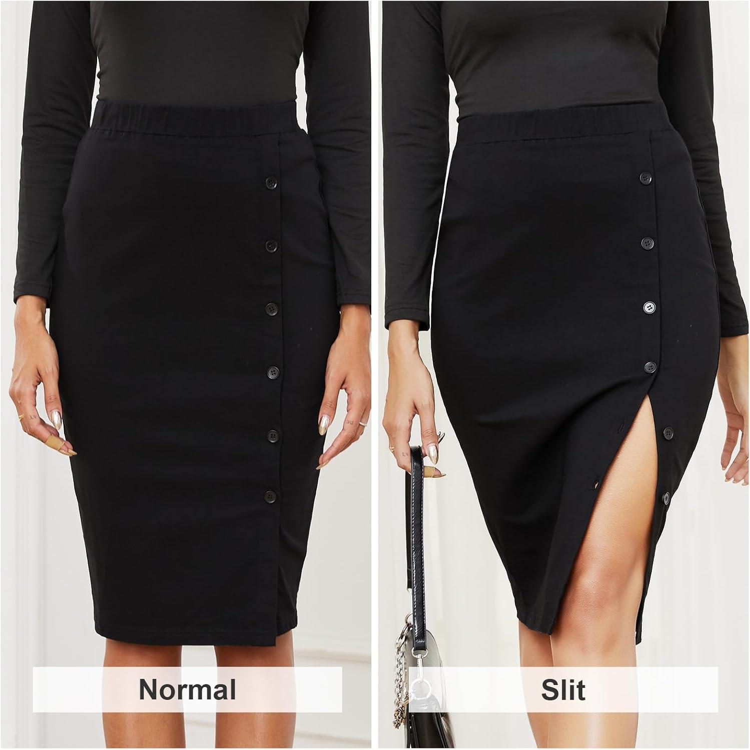 imageByinns Womens 2025 High Waist Pencil Skirt Button Slit Work Skirts Plaid Business Bodycon Midi Skirt Knee LengthBlack