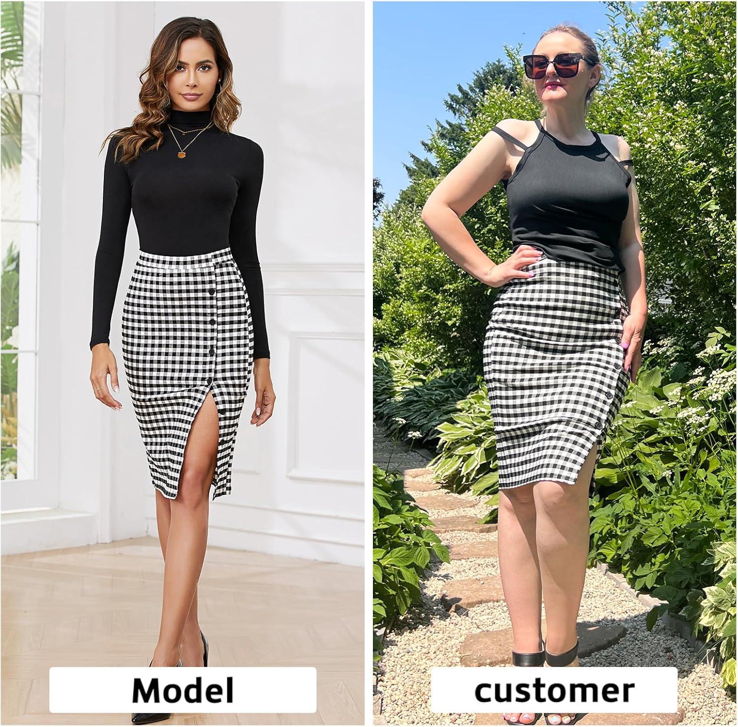imageByinns Womens 2025 High Waist Pencil Skirt Button Slit Work Skirts Plaid Business Bodycon Midi Skirt Knee LengthBlack White Plaid