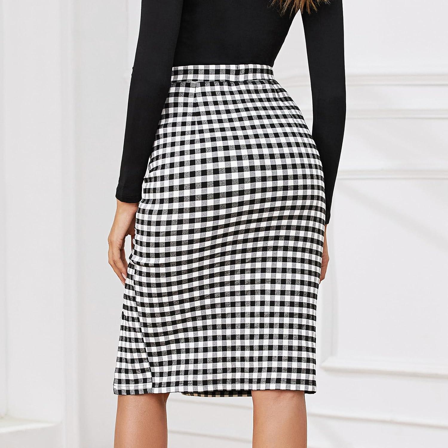 imageByinns Womens 2025 High Waist Pencil Skirt Button Slit Work Skirts Plaid Business Bodycon Midi Skirt Knee LengthBlack White Plaid