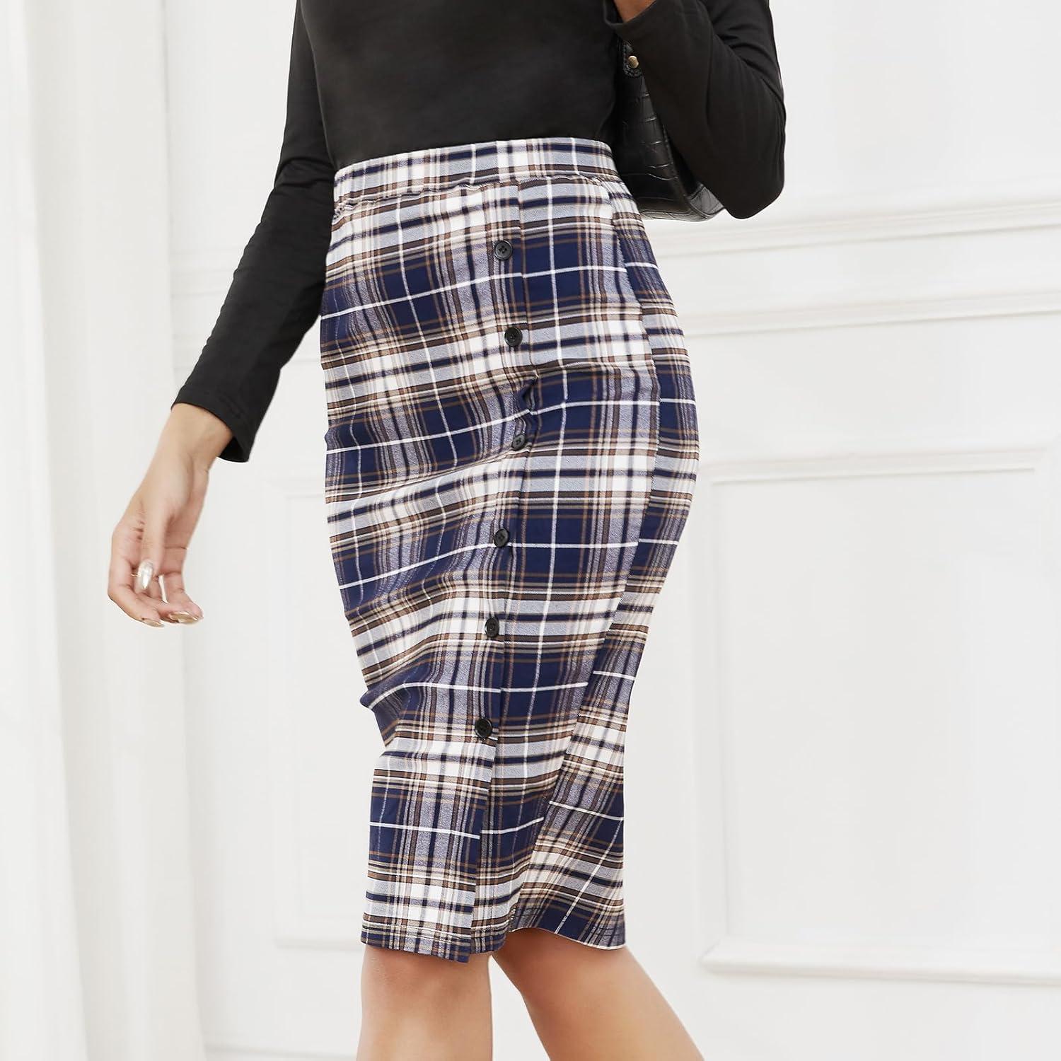 imageByinns Womens 2025 High Waist Pencil Skirt Button Slit Work Skirts Plaid Business Bodycon Midi Skirt Knee LengthBlue Plaid