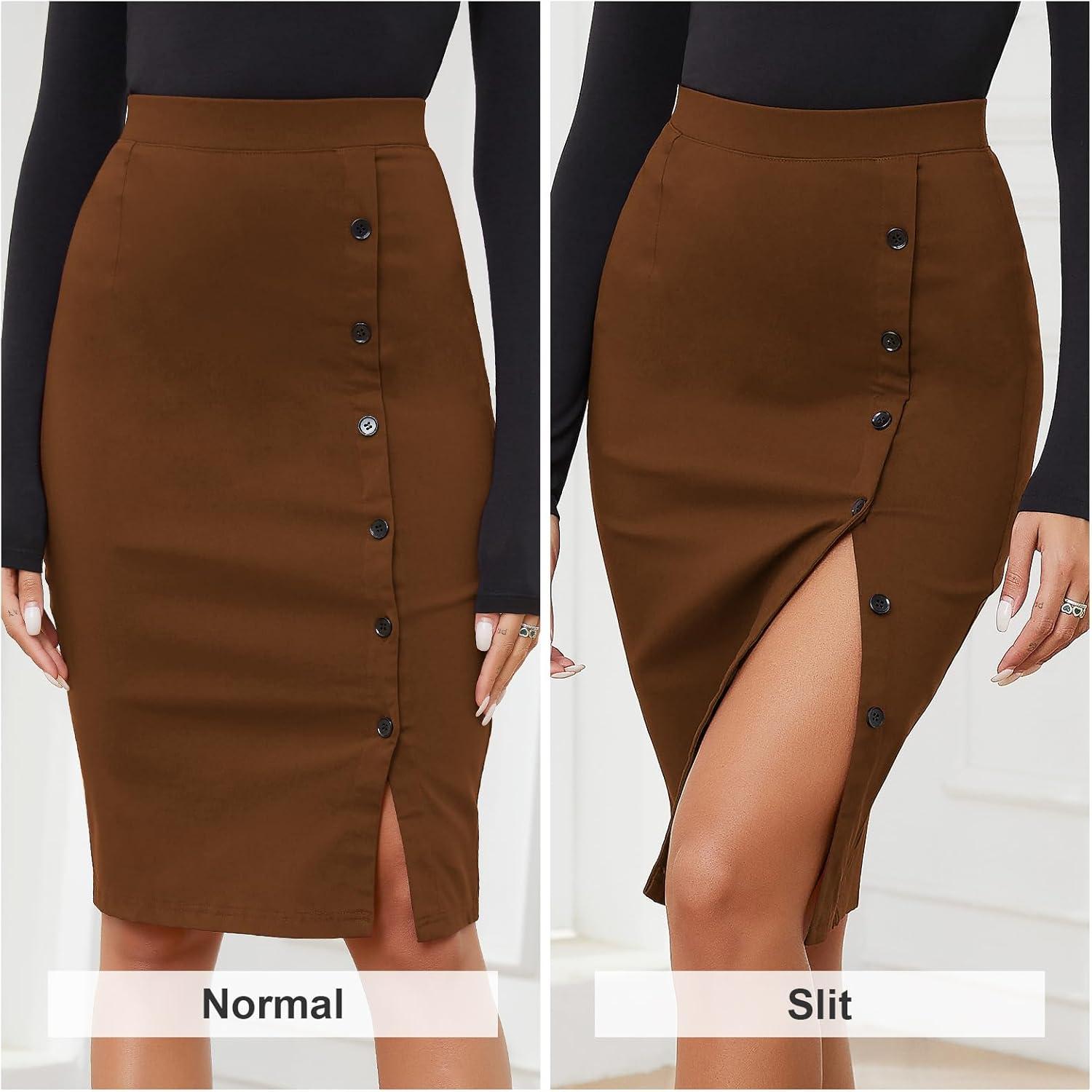 imageByinns Womens 2025 High Waist Pencil Skirt Button Slit Work Skirts Plaid Business Bodycon Midi Skirt Knee LengthCoffee
