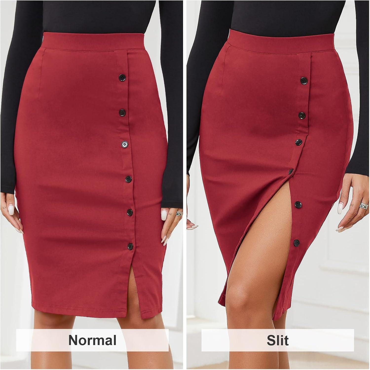imageByinns Womens 2025 High Waist Pencil Skirt Button Slit Work Skirts Plaid Business Bodycon Midi Skirt Knee LengthRed