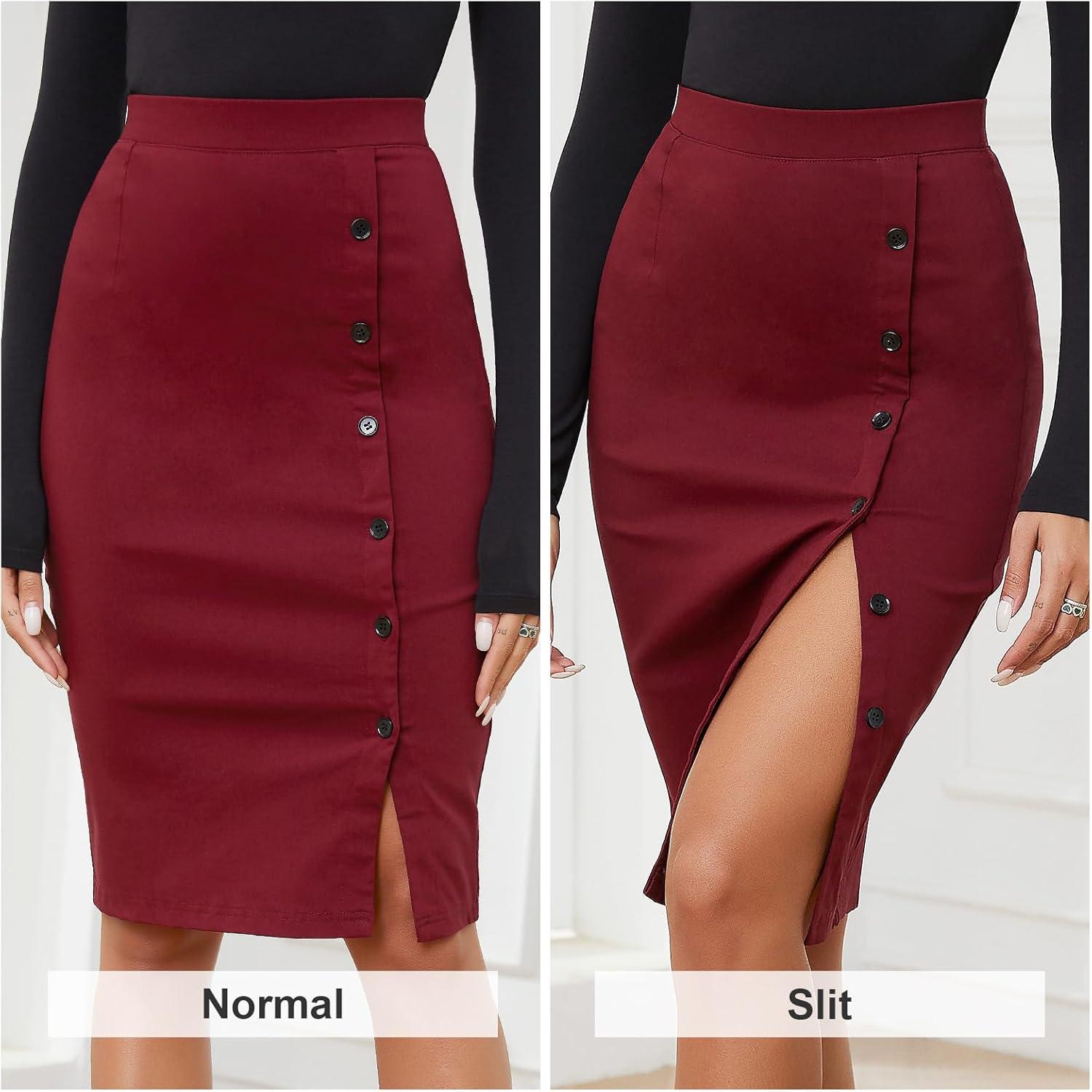 imageByinns Womens 2025 High Waist Pencil Skirt Button Slit Work Skirts Plaid Business Bodycon Midi Skirt Knee LengthWine Red