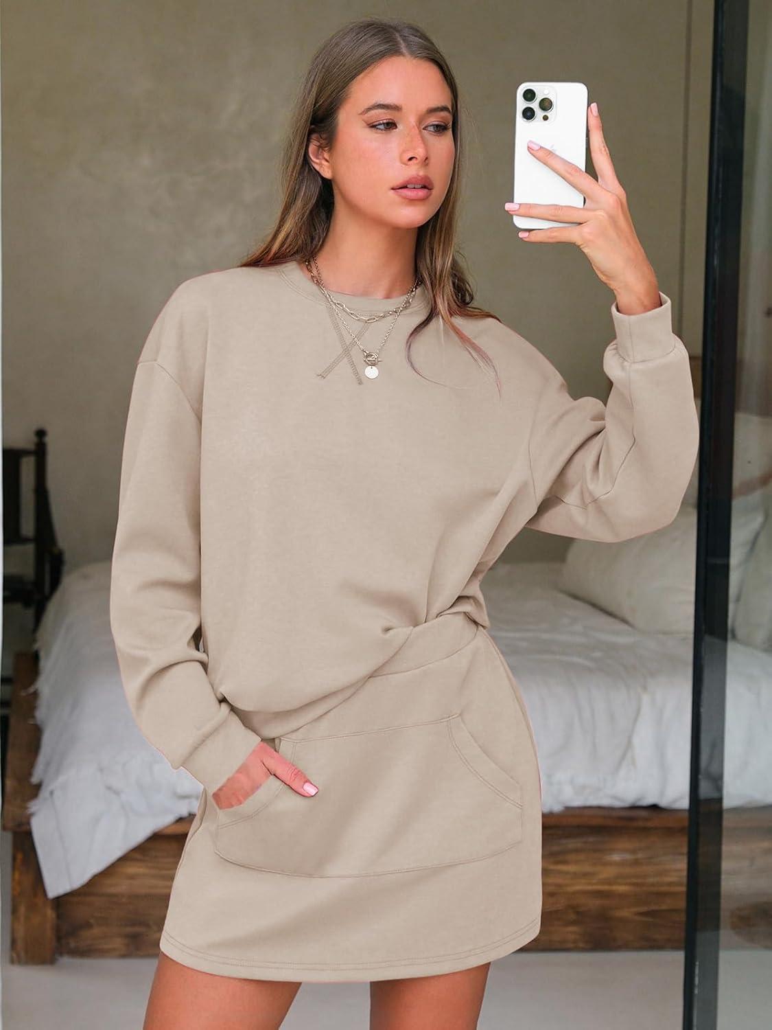 imageEXLURA Women 2 Piece Sets Cotton Tracksuits Workout Set Crewneck Sweatshirt Skort Short Skirt Fall Tennis Sweat Suits PocketsApricot