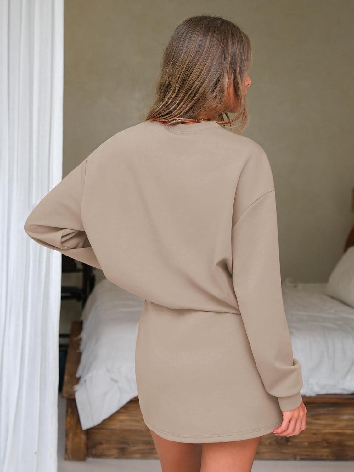 imageEXLURA Women 2 Piece Sets Cotton Tracksuits Workout Set Crewneck Sweatshirt Skort Short Skirt Fall Tennis Sweat Suits PocketsApricot