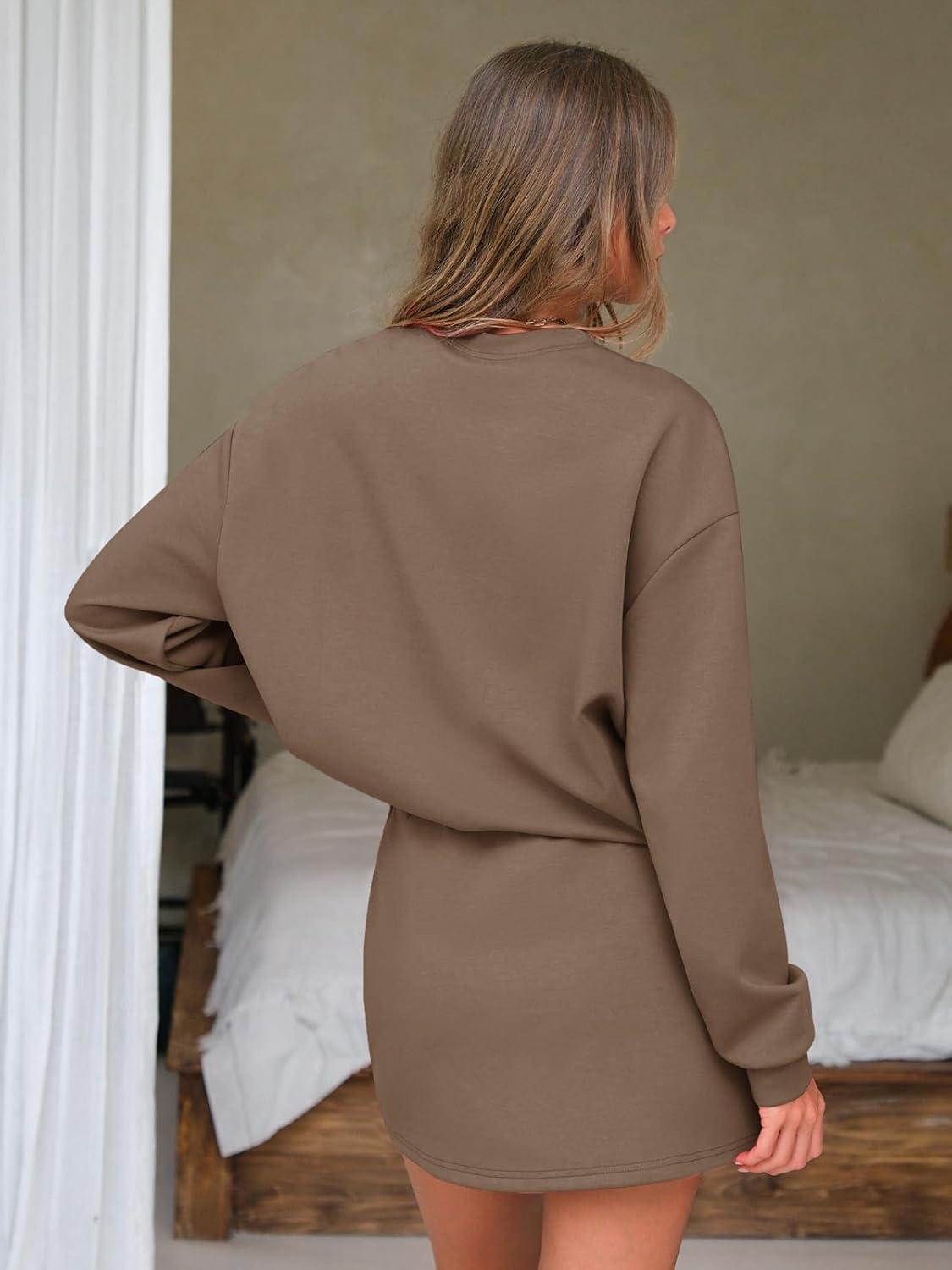 imageEXLURA Women 2 Piece Sets Cotton Tracksuits Workout Set Crewneck Sweatshirt Skort Short Skirt Fall Tennis Sweat Suits PocketsLight Coffee