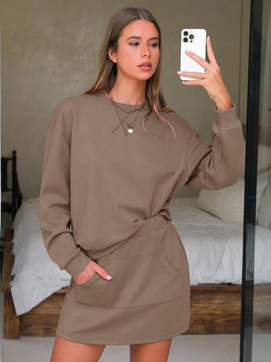 imageEXLURA Women 2 Piece Sets Cotton Tracksuits Workout Set Crewneck Sweatshirt Skort Short Skirt Fall Tennis Sweat Suits PocketsLight Coffee