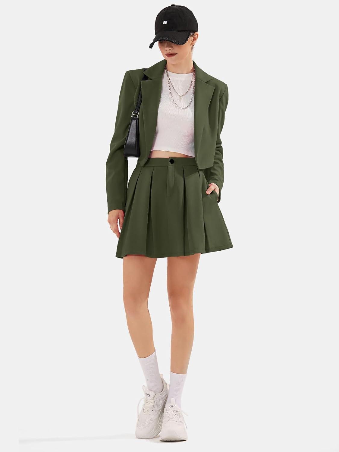 imageEXLURA Womens Long Sleeve Blazer Suit Sets with Pleated Mini Skirt Fall 2 Piece Outfits Trendy Y2K Fashion ClothesArmy Green