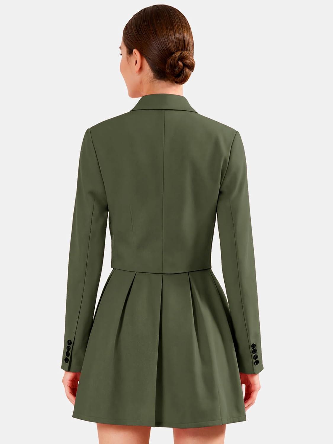 imageEXLURA Womens Long Sleeve Blazer Suit Sets with Pleated Mini Skirt Fall 2 Piece Outfits Trendy Y2K Fashion ClothesArmy Green