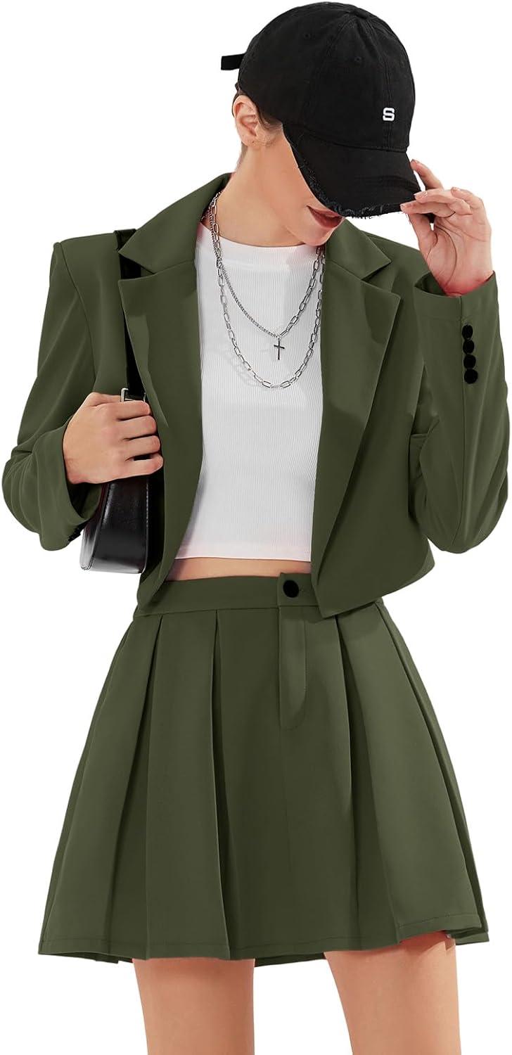 imageEXLURA Womens Long Sleeve Blazer Suit Sets with Pleated Mini Skirt Fall 2 Piece Outfits Trendy Y2K Fashion ClothesArmy Green