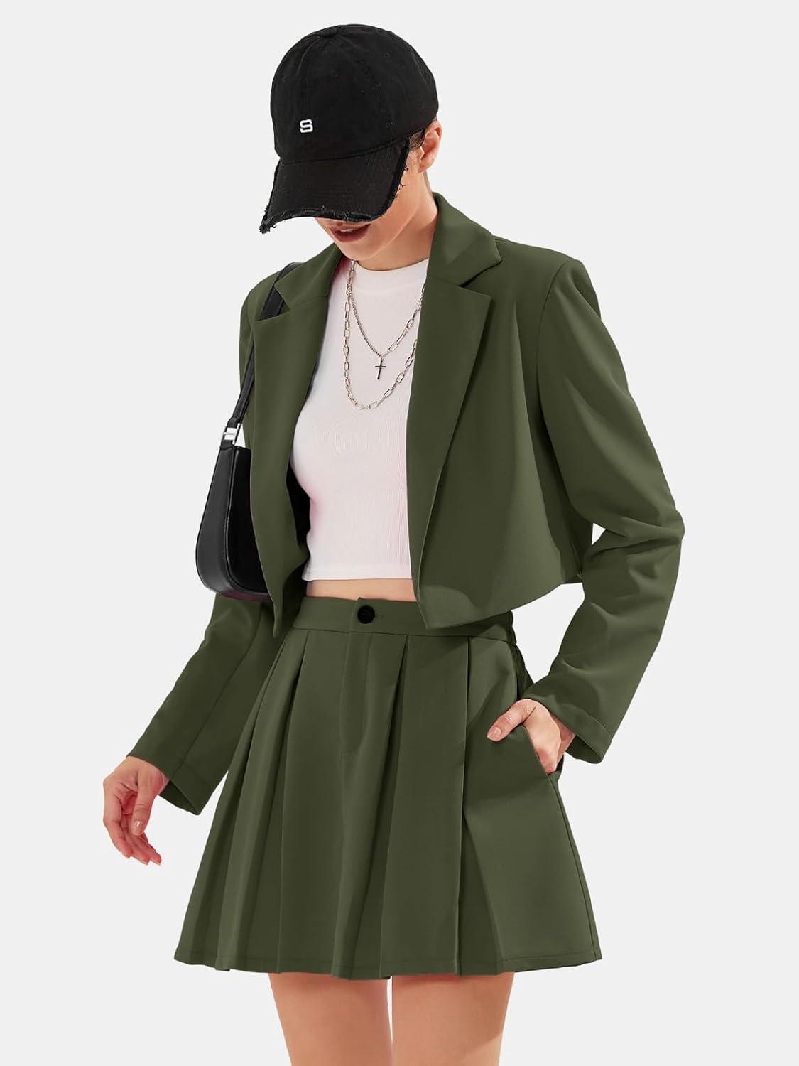imageEXLURA Womens Long Sleeve Blazer Suit Sets with Pleated Mini Skirt Fall 2 Piece Outfits Trendy Y2K Fashion ClothesArmy Green
