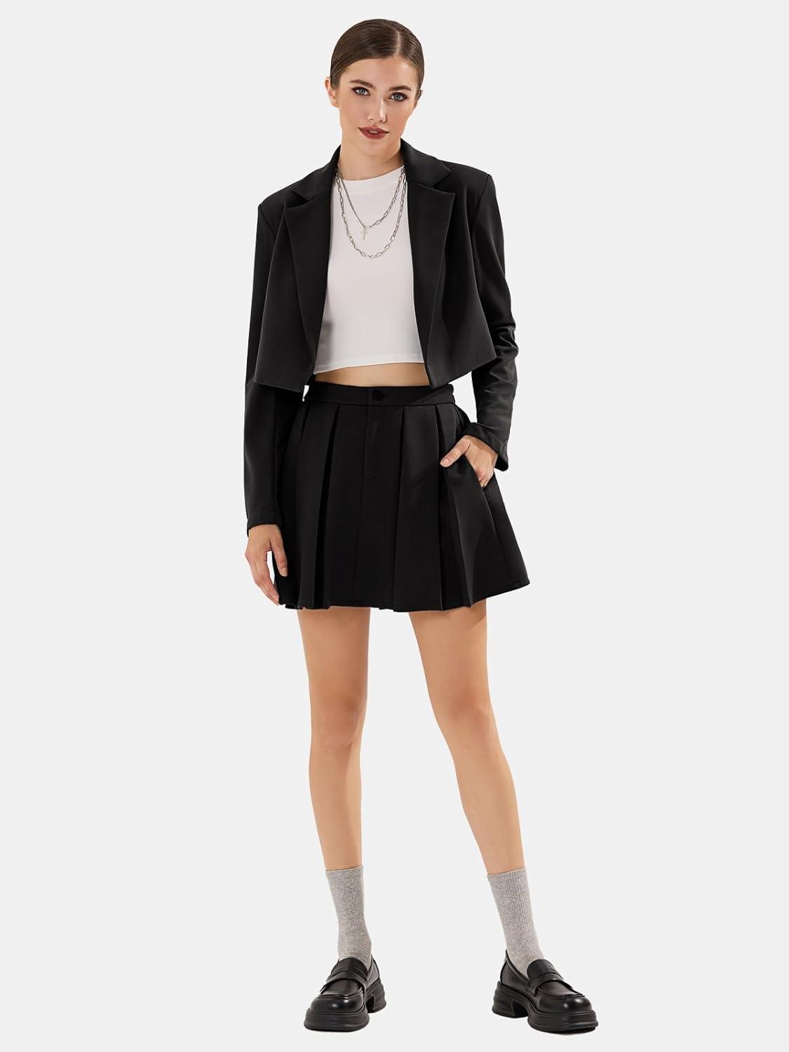 imageEXLURA Womens Long Sleeve Blazer Suit Sets with Pleated Mini Skirt Fall 2 Piece Outfits Trendy Y2K Fashion ClothesBlack