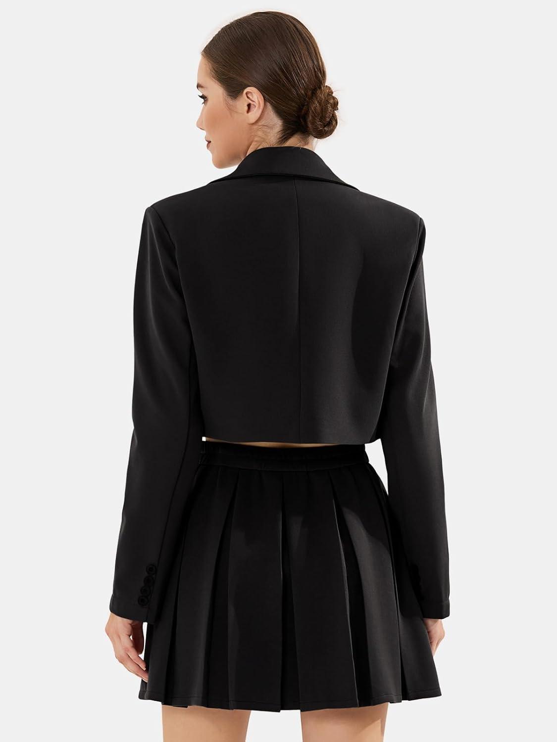 imageEXLURA Womens Long Sleeve Blazer Suit Sets with Pleated Mini Skirt Fall 2 Piece Outfits Trendy Y2K Fashion ClothesBlack