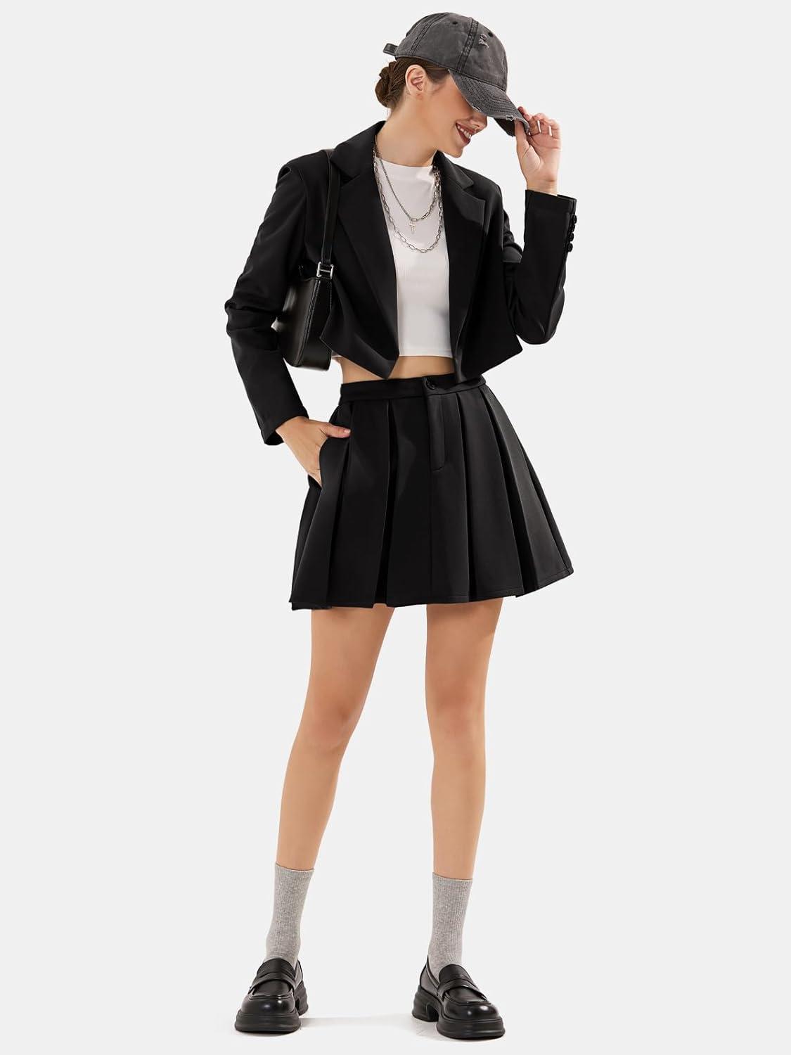 imageEXLURA Womens Long Sleeve Blazer Suit Sets with Pleated Mini Skirt Fall 2 Piece Outfits Trendy Y2K Fashion ClothesBlack
