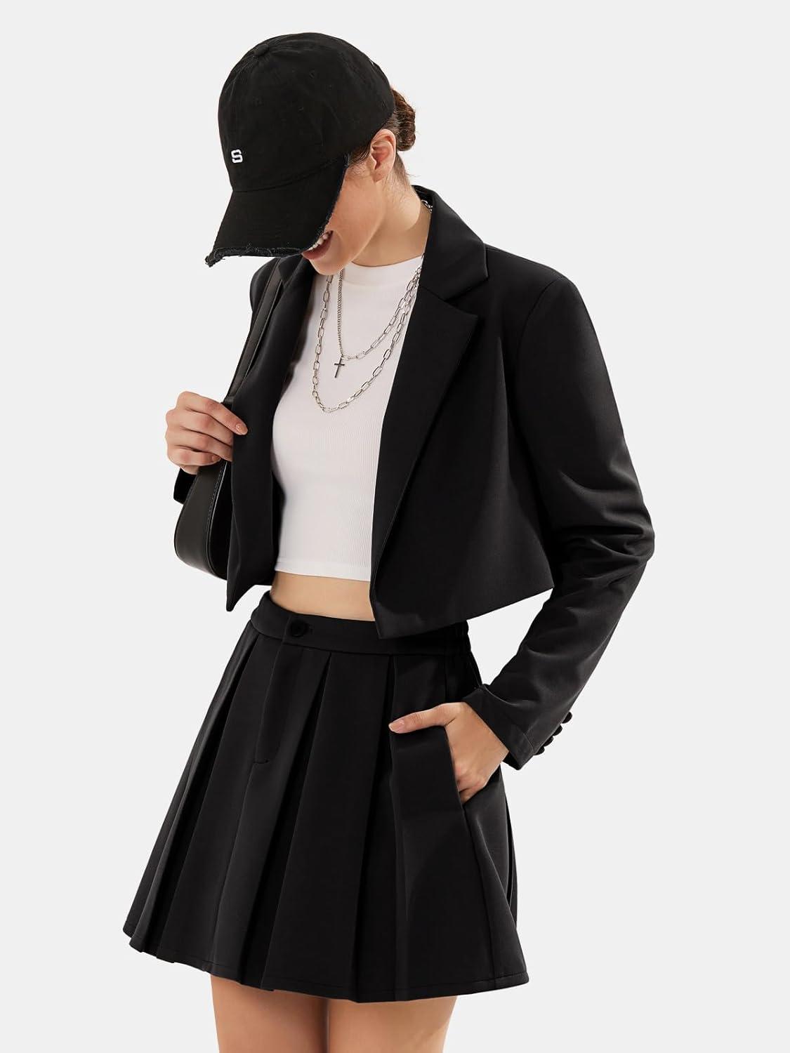 imageEXLURA Womens Long Sleeve Blazer Suit Sets with Pleated Mini Skirt Fall 2 Piece Outfits Trendy Y2K Fashion ClothesBlack
