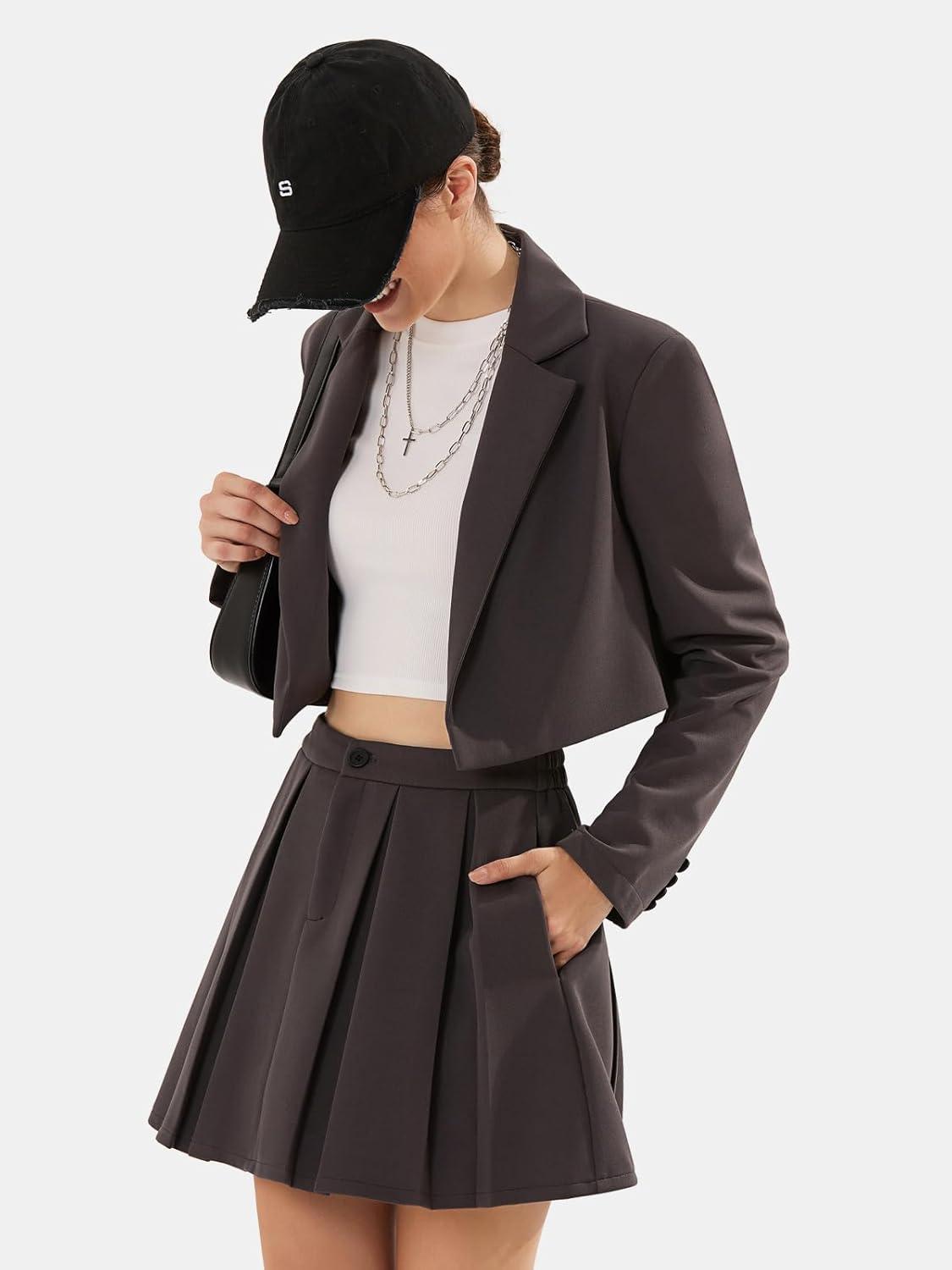 imageEXLURA Womens Long Sleeve Blazer Suit Sets with Pleated Mini Skirt Fall 2 Piece Outfits Trendy Y2K Fashion ClothesDark Grey