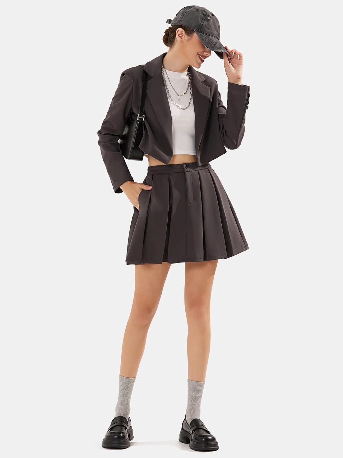imageEXLURA Womens Long Sleeve Blazer Suit Sets with Pleated Mini Skirt Fall 2 Piece Outfits Trendy Y2K Fashion ClothesDark Grey