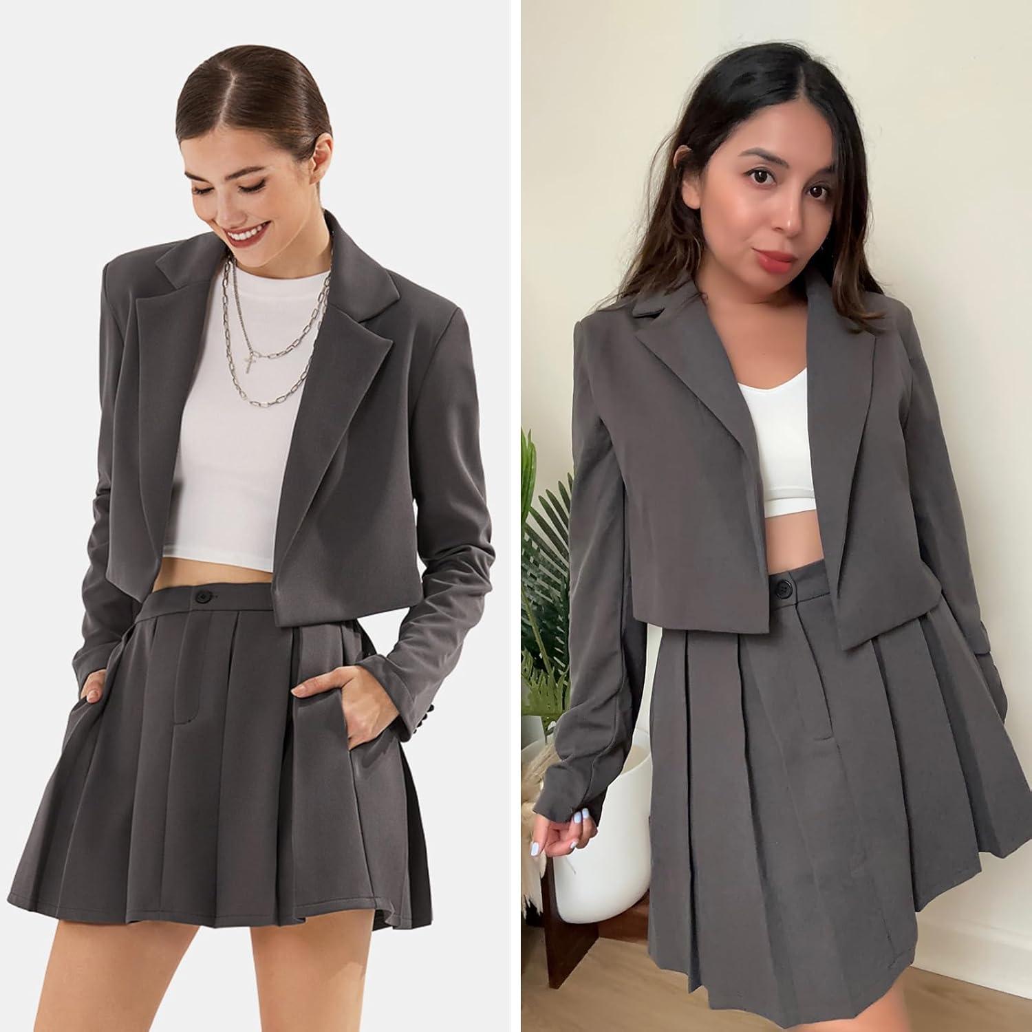 imageEXLURA Womens Long Sleeve Blazer Suit Sets with Pleated Mini Skirt Fall 2 Piece Outfits Trendy Y2K Fashion ClothesDark Grey