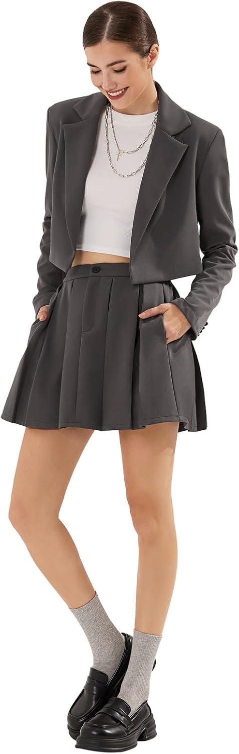 imageEXLURA Womens Long Sleeve Blazer Suit Sets with Pleated Mini Skirt Fall 2 Piece Outfits Trendy Y2K Fashion ClothesDark Grey