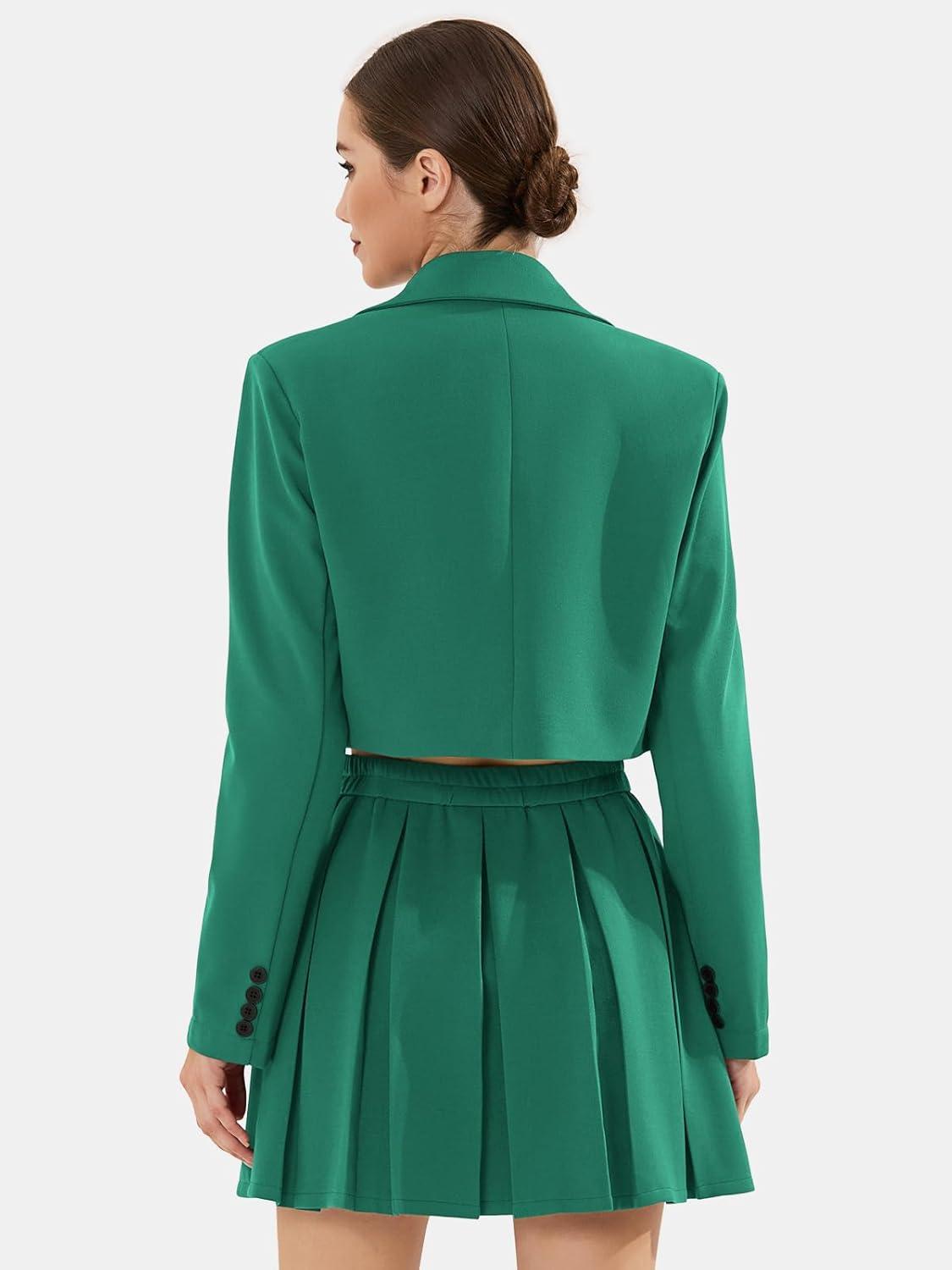 imageEXLURA Womens Long Sleeve Blazer Suit Sets with Pleated Mini Skirt Fall 2 Piece Outfits Trendy Y2K Fashion ClothesGreen