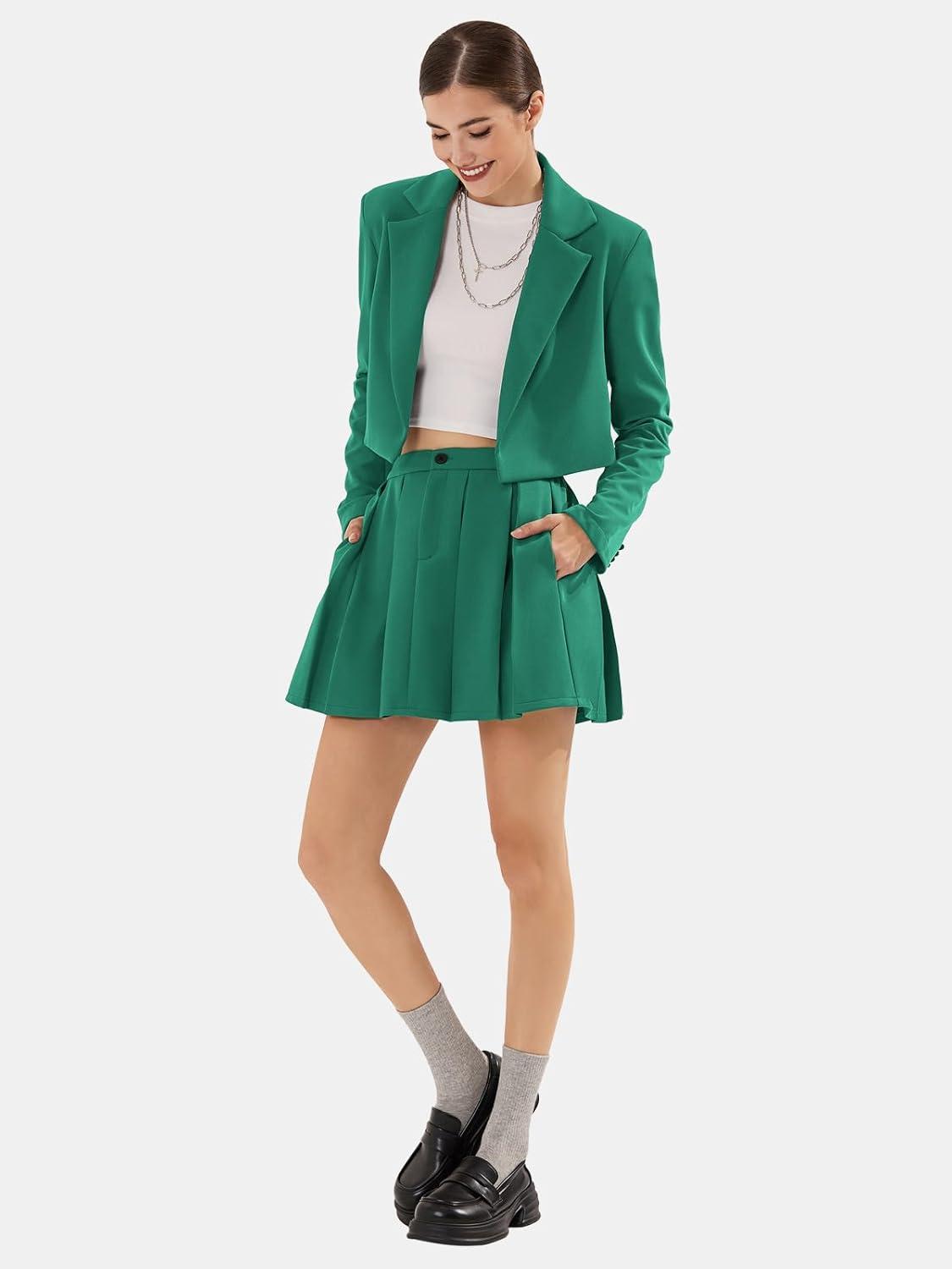 imageEXLURA Womens Long Sleeve Blazer Suit Sets with Pleated Mini Skirt Fall 2 Piece Outfits Trendy Y2K Fashion ClothesGreen