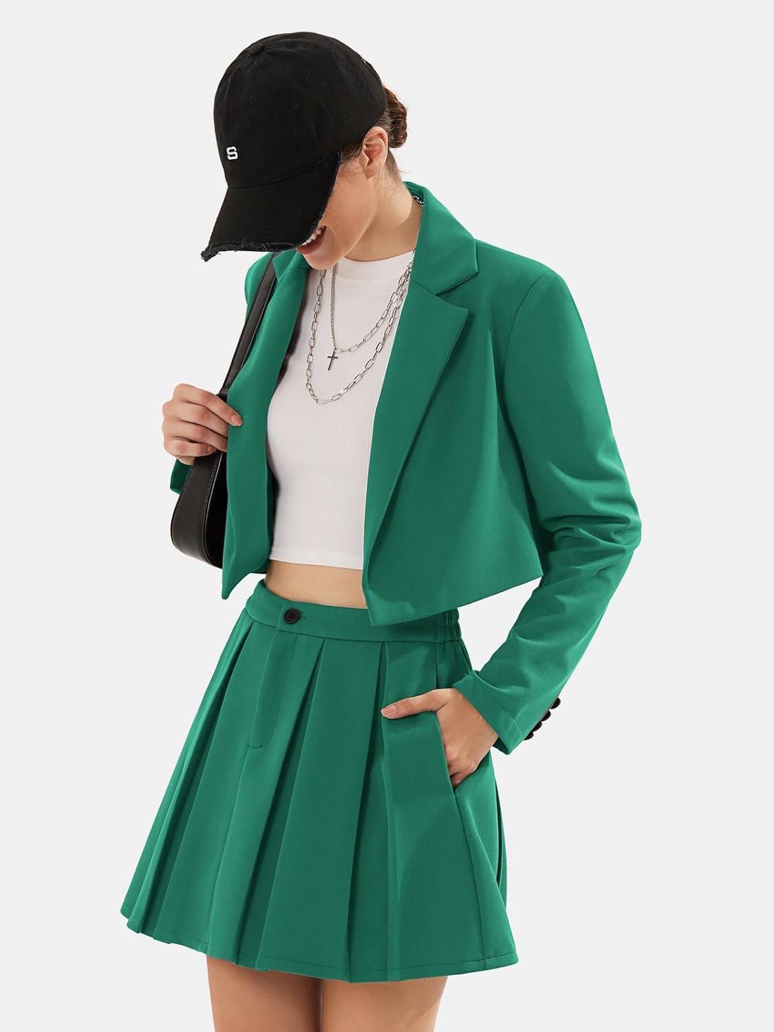 imageEXLURA Womens Long Sleeve Blazer Suit Sets with Pleated Mini Skirt Fall 2 Piece Outfits Trendy Y2K Fashion ClothesGreen