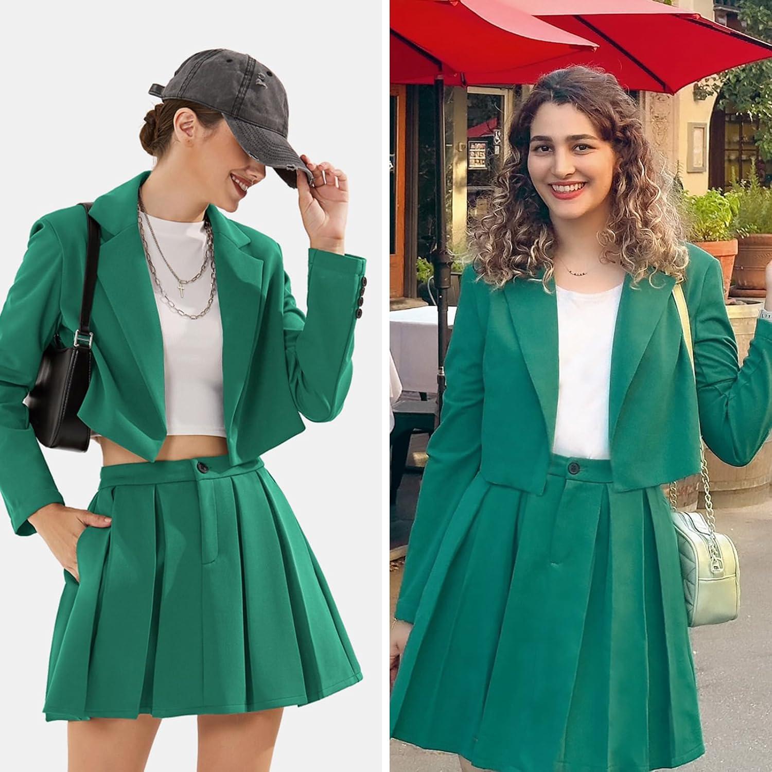 imageEXLURA Womens Long Sleeve Blazer Suit Sets with Pleated Mini Skirt Fall 2 Piece Outfits Trendy Y2K Fashion ClothesGreen