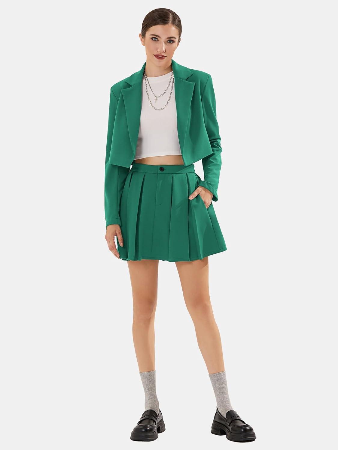 imageEXLURA Womens Long Sleeve Blazer Suit Sets with Pleated Mini Skirt Fall 2 Piece Outfits Trendy Y2K Fashion ClothesGreen