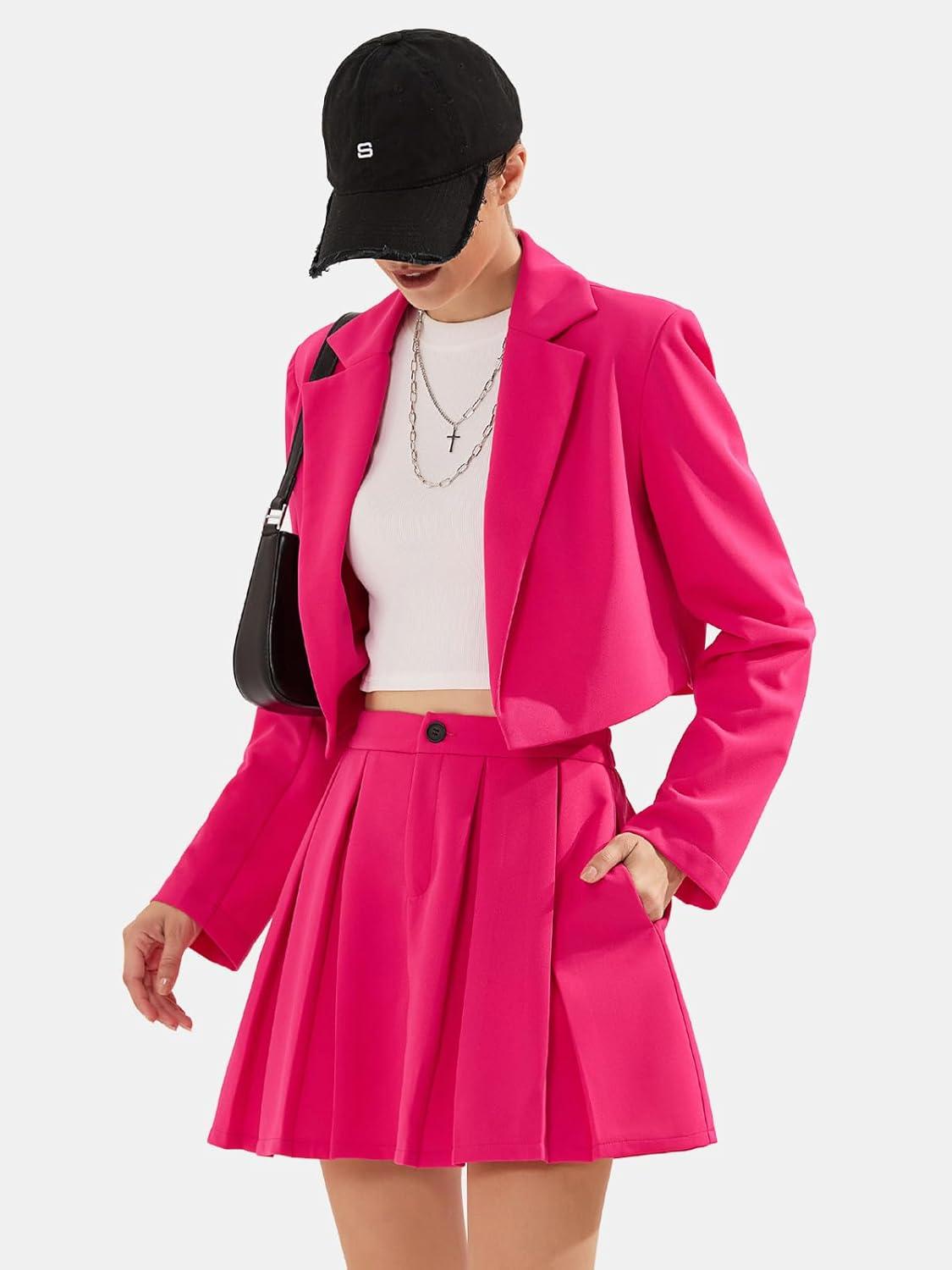 imageEXLURA Womens Long Sleeve Blazer Suit Sets with Pleated Mini Skirt Fall 2 Piece Outfits Trendy Y2K Fashion ClothesHot Pink