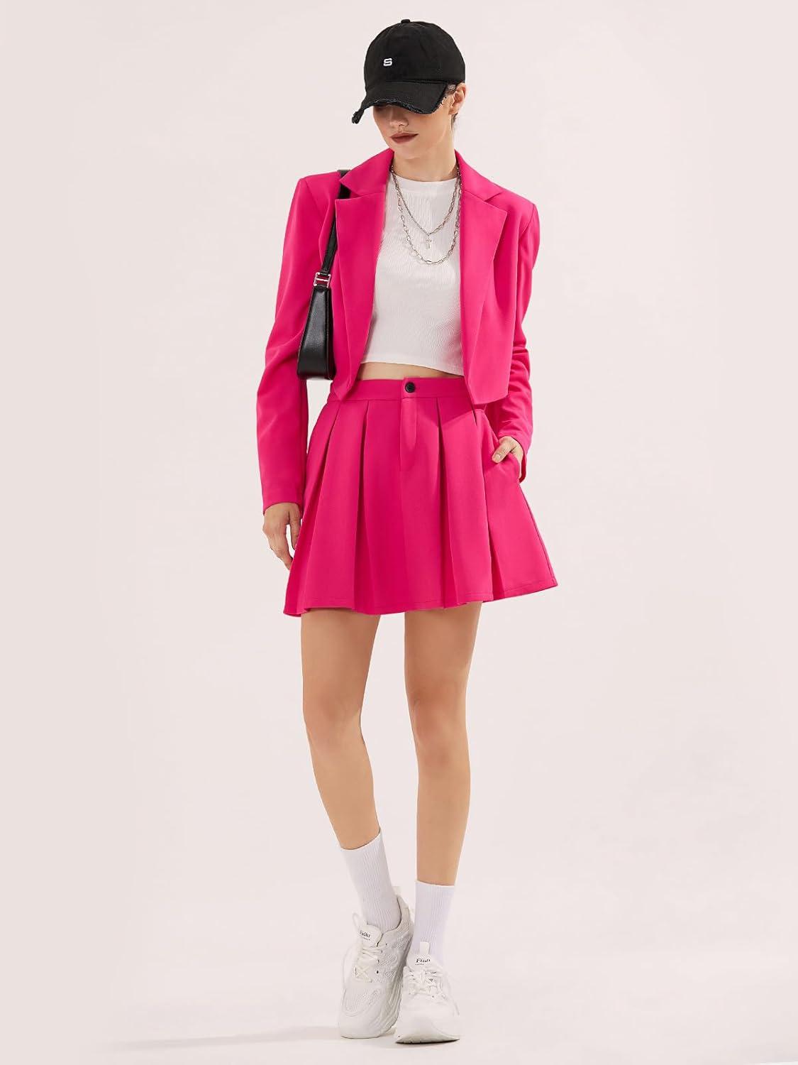 imageEXLURA Womens Long Sleeve Blazer Suit Sets with Pleated Mini Skirt Fall 2 Piece Outfits Trendy Y2K Fashion ClothesHot Pink