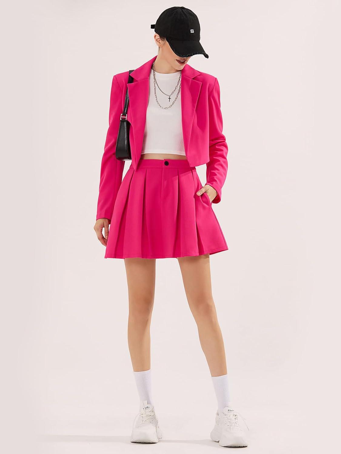 imageEXLURA Womens Long Sleeve Blazer Suit Sets with Pleated Mini Skirt Fall 2 Piece Outfits Trendy Y2K Fashion ClothesHot Pink