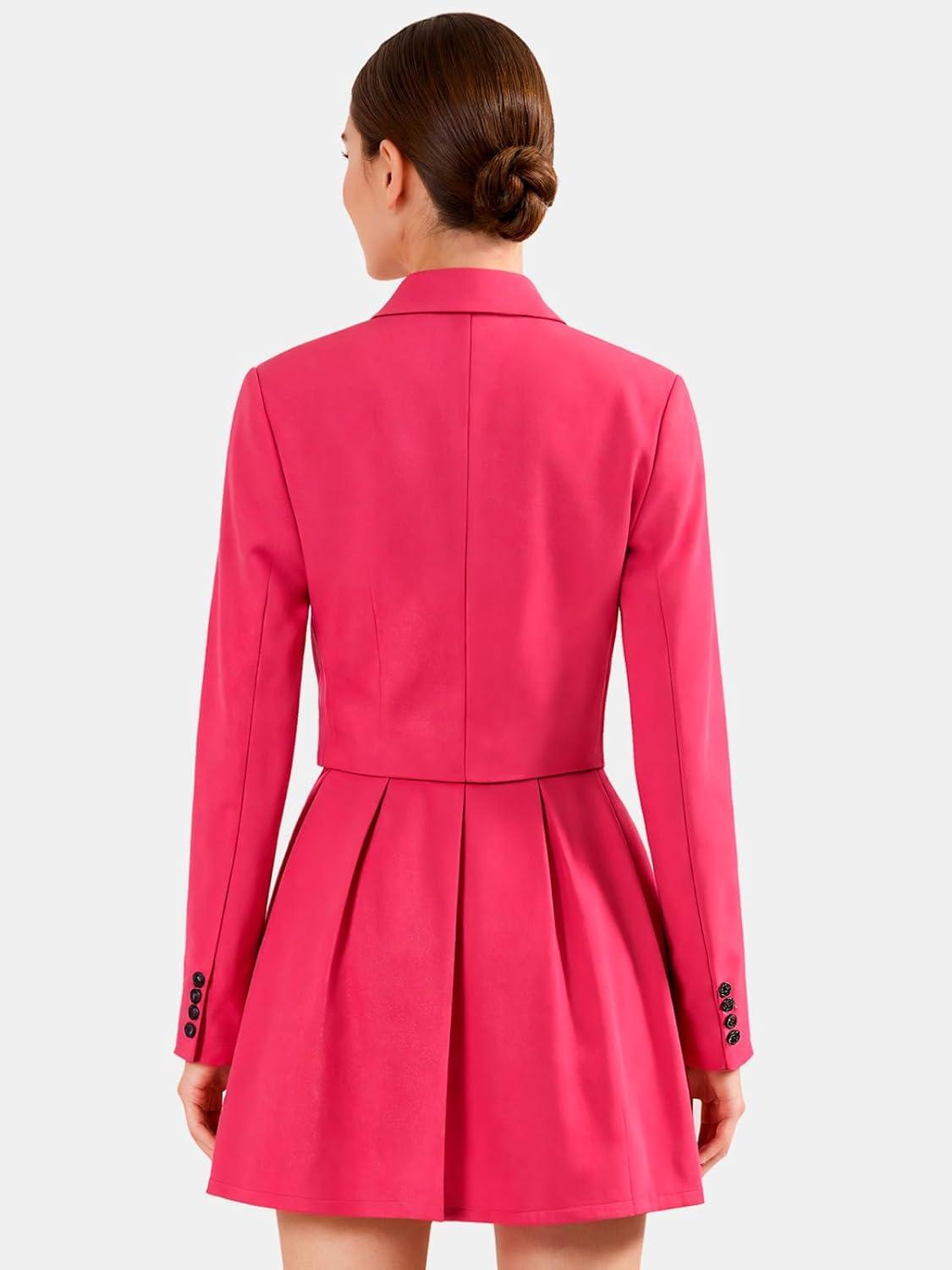 imageEXLURA Womens Long Sleeve Blazer Suit Sets with Pleated Mini Skirt Fall 2 Piece Outfits Trendy Y2K Fashion ClothesHot Pink