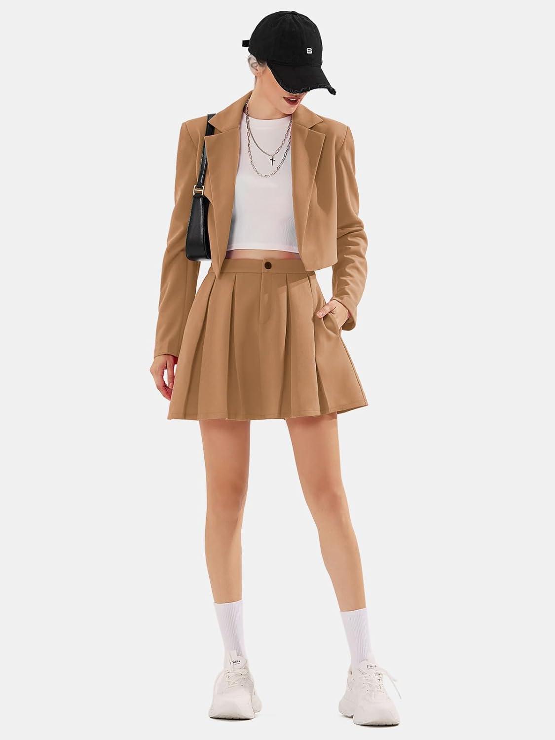 imageEXLURA Womens Long Sleeve Blazer Suit Sets with Pleated Mini Skirt Fall 2 Piece Outfits Trendy Y2K Fashion ClothesKhaki