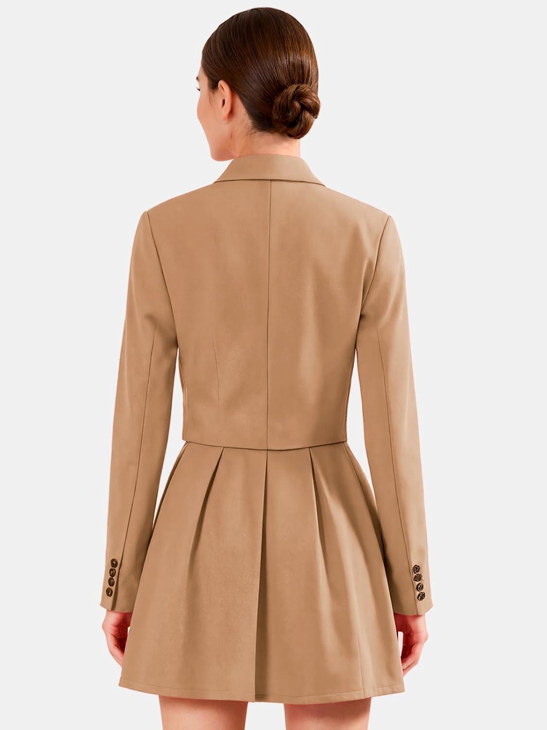 imageEXLURA Womens Long Sleeve Blazer Suit Sets with Pleated Mini Skirt Fall 2 Piece Outfits Trendy Y2K Fashion ClothesKhaki