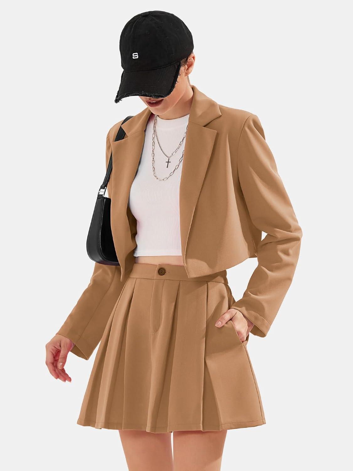 imageEXLURA Womens Long Sleeve Blazer Suit Sets with Pleated Mini Skirt Fall 2 Piece Outfits Trendy Y2K Fashion ClothesKhaki