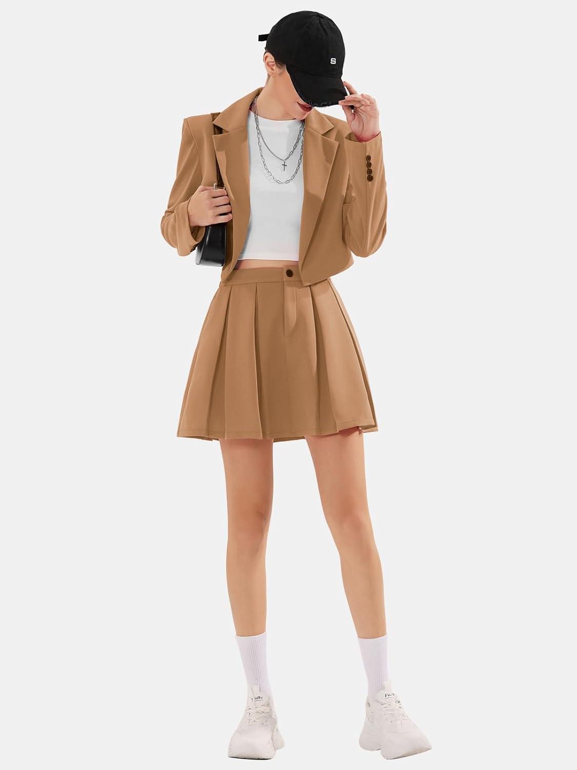 imageEXLURA Womens Long Sleeve Blazer Suit Sets with Pleated Mini Skirt Fall 2 Piece Outfits Trendy Y2K Fashion ClothesKhaki