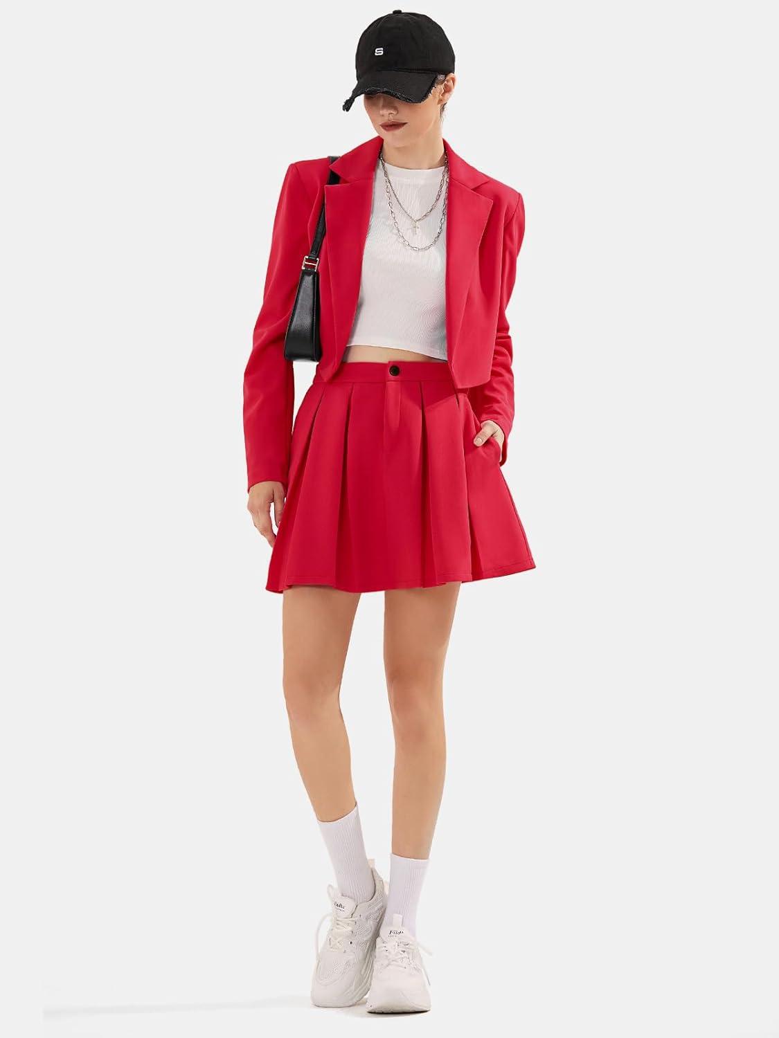 imageEXLURA Womens Long Sleeve Blazer Suit Sets with Pleated Mini Skirt Fall 2 Piece Outfits Trendy Y2K Fashion ClothesRed