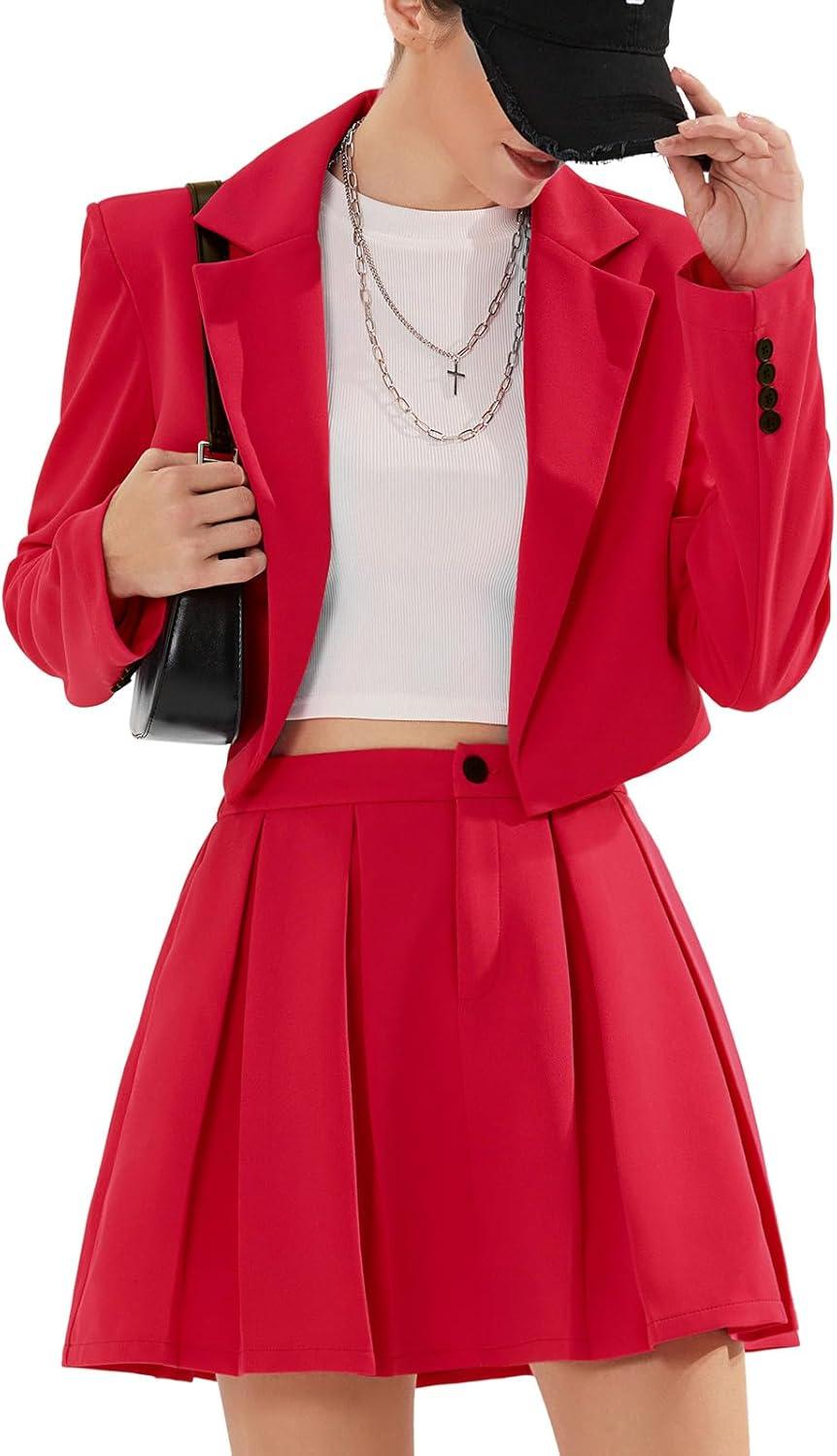 imageEXLURA Womens Long Sleeve Blazer Suit Sets with Pleated Mini Skirt Fall 2 Piece Outfits Trendy Y2K Fashion ClothesRed