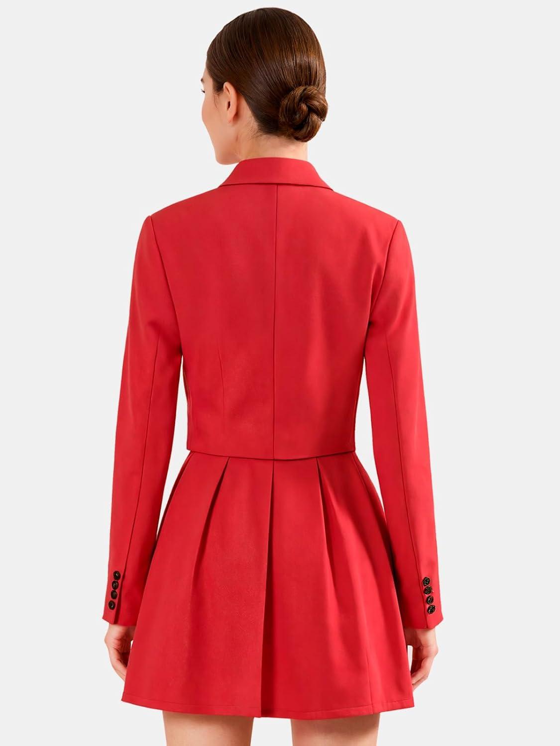imageEXLURA Womens Long Sleeve Blazer Suit Sets with Pleated Mini Skirt Fall 2 Piece Outfits Trendy Y2K Fashion ClothesRed