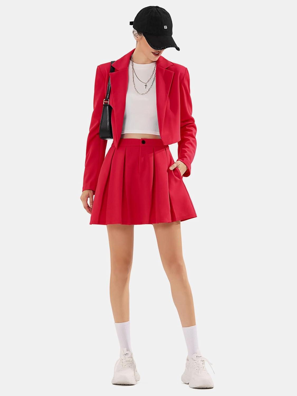 imageEXLURA Womens Long Sleeve Blazer Suit Sets with Pleated Mini Skirt Fall 2 Piece Outfits Trendy Y2K Fashion ClothesRed