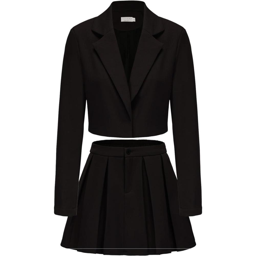 imageEXLURA Womens Long Sleeve Blazer Suit Sets with Pleated Mini Skirt Fall 2 Piece Outfits Trendy Y2K Fashion ClothesBlack