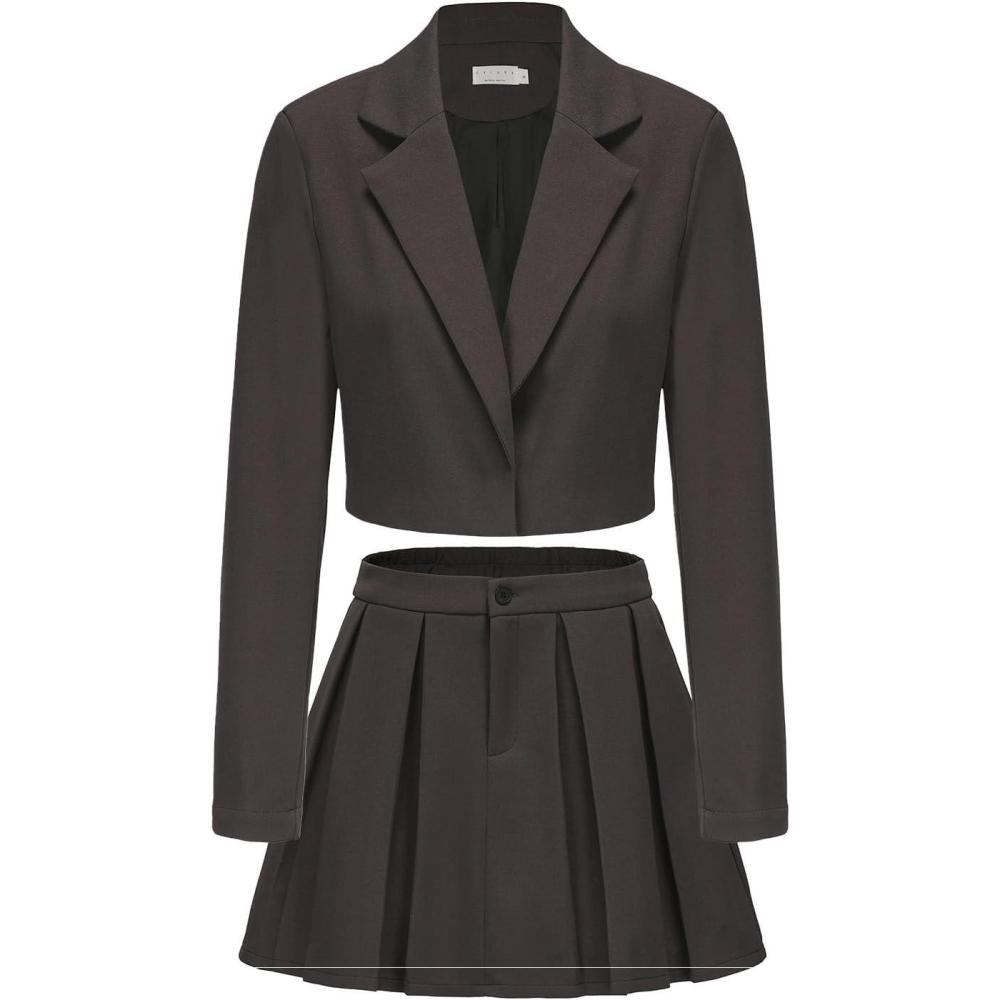 imageEXLURA Womens Long Sleeve Blazer Suit Sets with Pleated Mini Skirt Fall 2 Piece Outfits Trendy Y2K Fashion ClothesDark Grey
