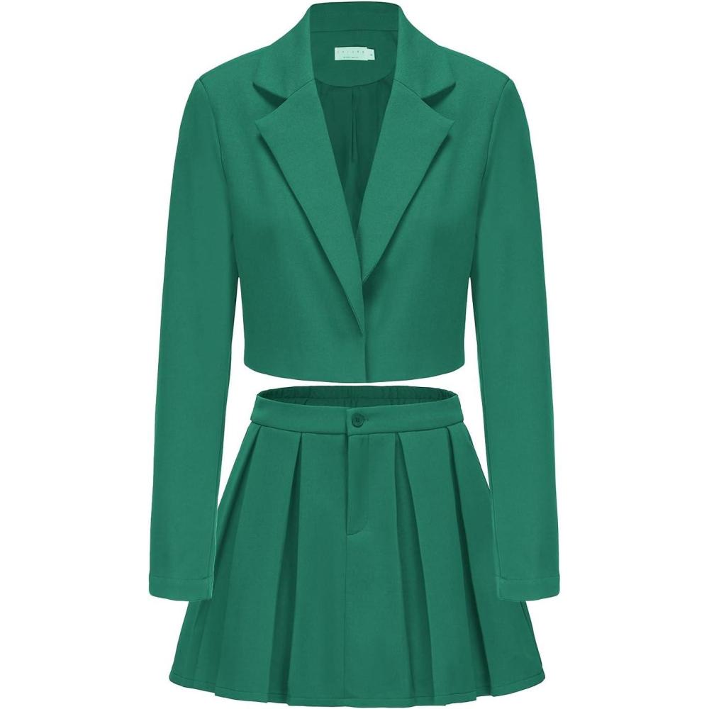 imageEXLURA Womens Long Sleeve Blazer Suit Sets with Pleated Mini Skirt Fall 2 Piece Outfits Trendy Y2K Fashion ClothesGreen