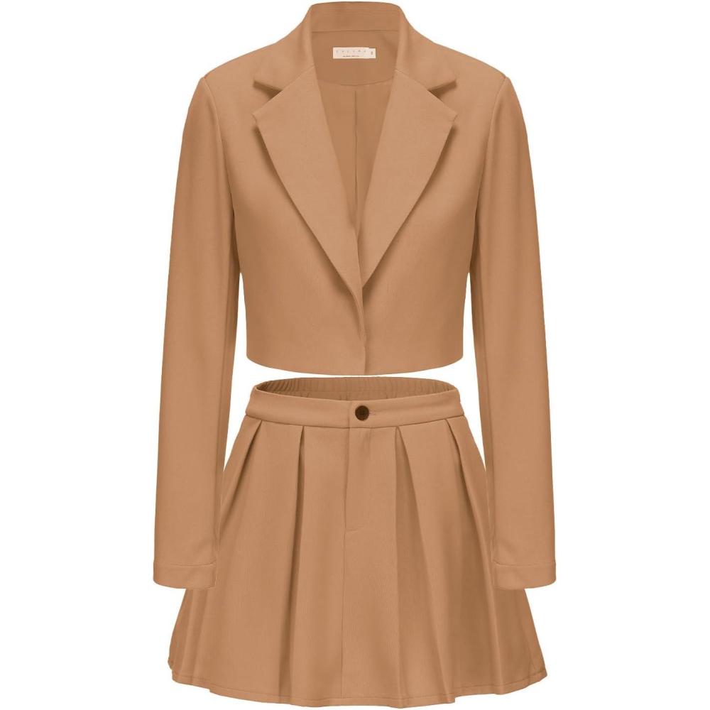 imageEXLURA Womens Long Sleeve Blazer Suit Sets with Pleated Mini Skirt Fall 2 Piece Outfits Trendy Y2K Fashion ClothesKhaki