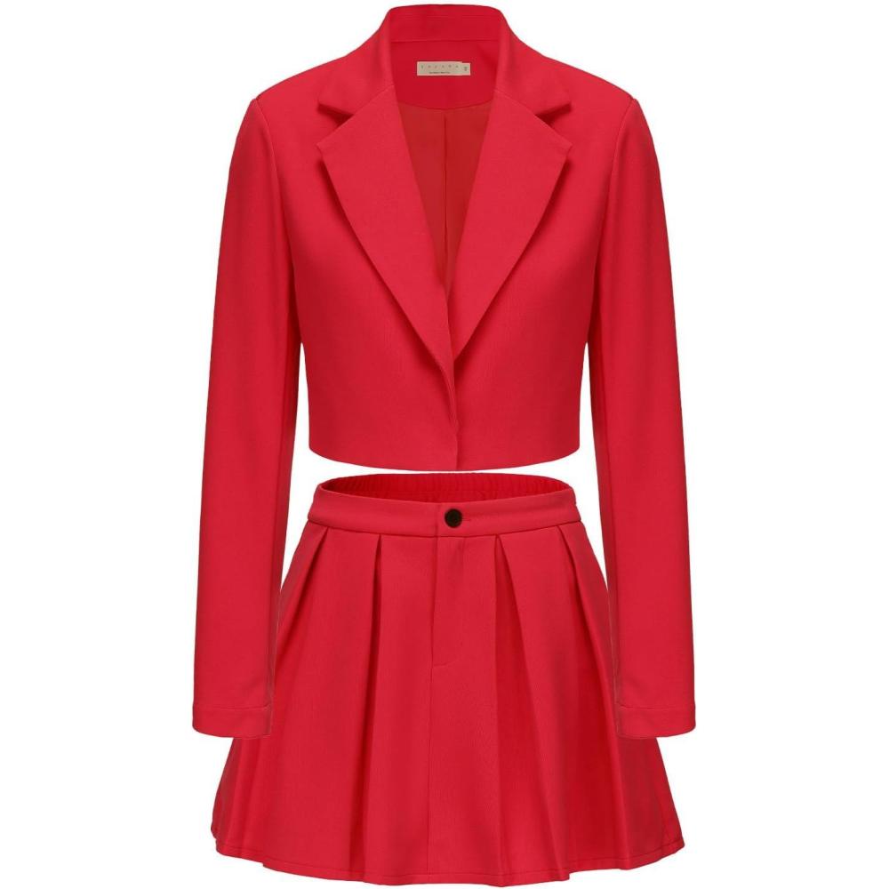 imageEXLURA Womens Long Sleeve Blazer Suit Sets with Pleated Mini Skirt Fall 2 Piece Outfits Trendy Y2K Fashion ClothesRed