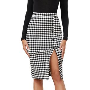 imageByinns Womens 2025 High Waist Pencil Skirt Button Slit Work Skirts Plaid Business Bodycon Midi Skirt Knee LengthBlack White Plaid